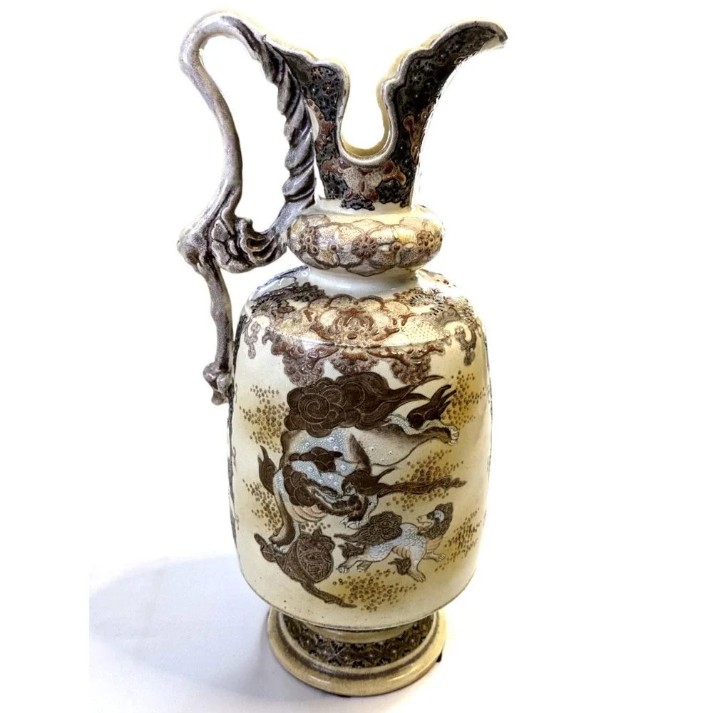 Antique Japanese Satsuma Moriage Ewer Pitcher Vase Vintage Hand Painted 17 Inch
